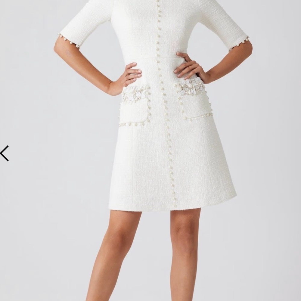 Rickie Freeman for Teri Jon Cream Textured Boucle Wedding Dress with Pearl trim